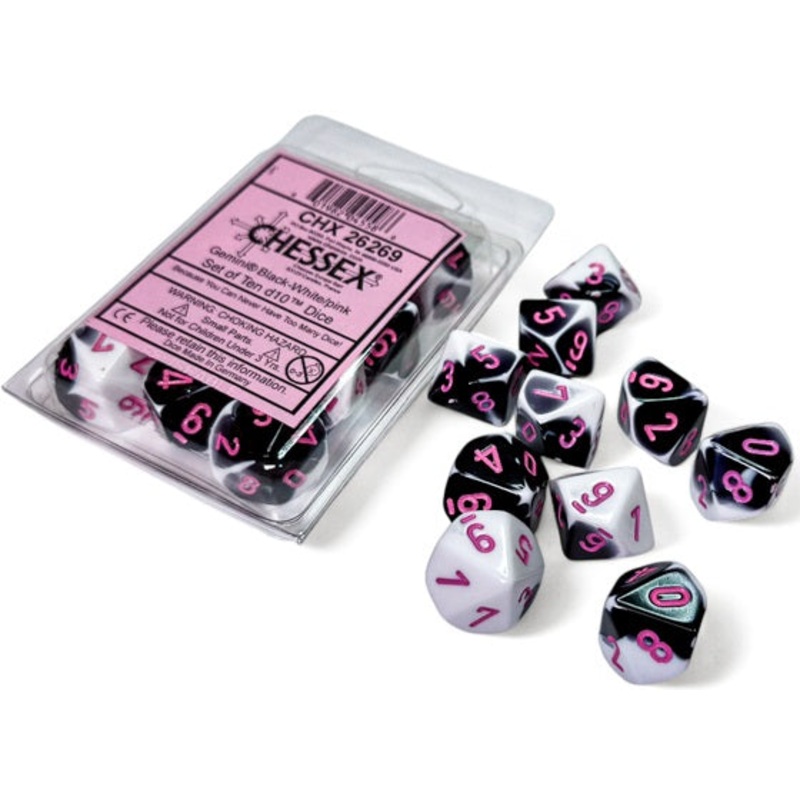 Chessex Dice - Gemini Black-White with Pink - Set of 10 D10 - CHX 26269
