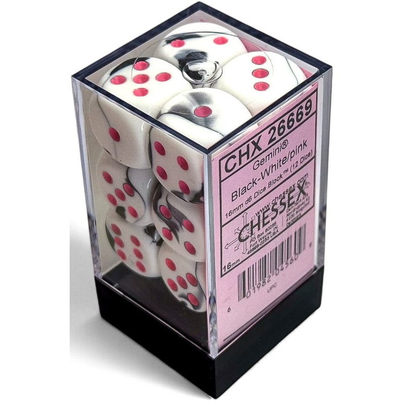 Chessex Dice - Gemini Black-White with Pink - Set of 12 D6 - CHX 26669
