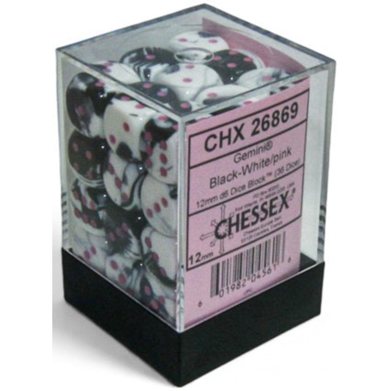 Chessex Dice - Gemini Black-White with Pink - Set of 36 D6 - CHX 26869
