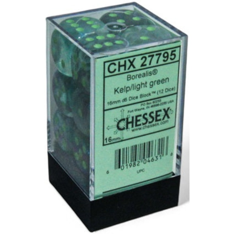 Chessex Dice - Luminary Borealis Kelp with Light Green - Set of 12 D6 - CHX 27795