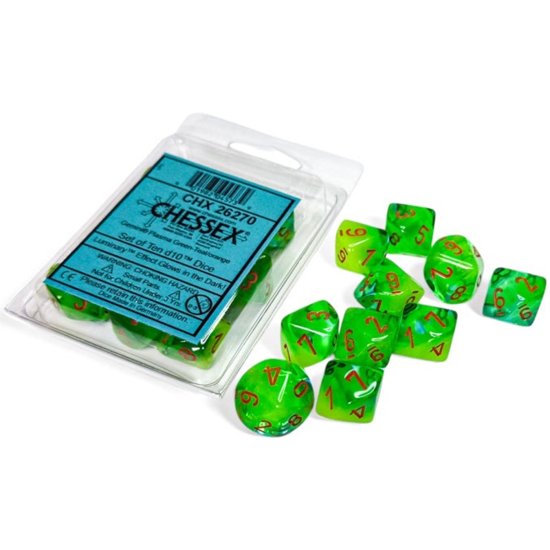 Chessex Dice - Luminary Gemini Plasma Green-Teal with Orange - Set of 10 D10 - CHX 26270