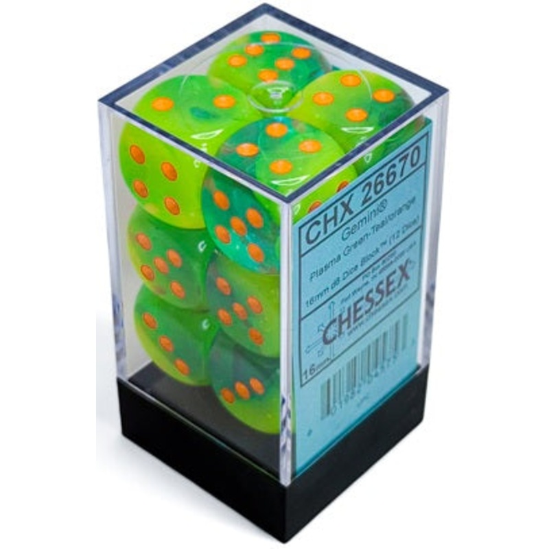 Chessex Dice - Luminary Gemini Plasma Green-Teal with Orange - Set of 12 D6 - CHX 26670