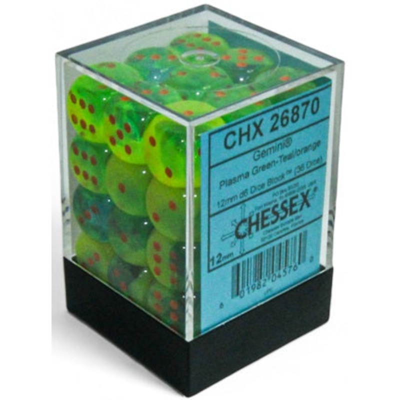 Chessex Dice - Luminary Gemini Plasma Green-Teal with Orange - Set of 36 D6 - CHX 26870
