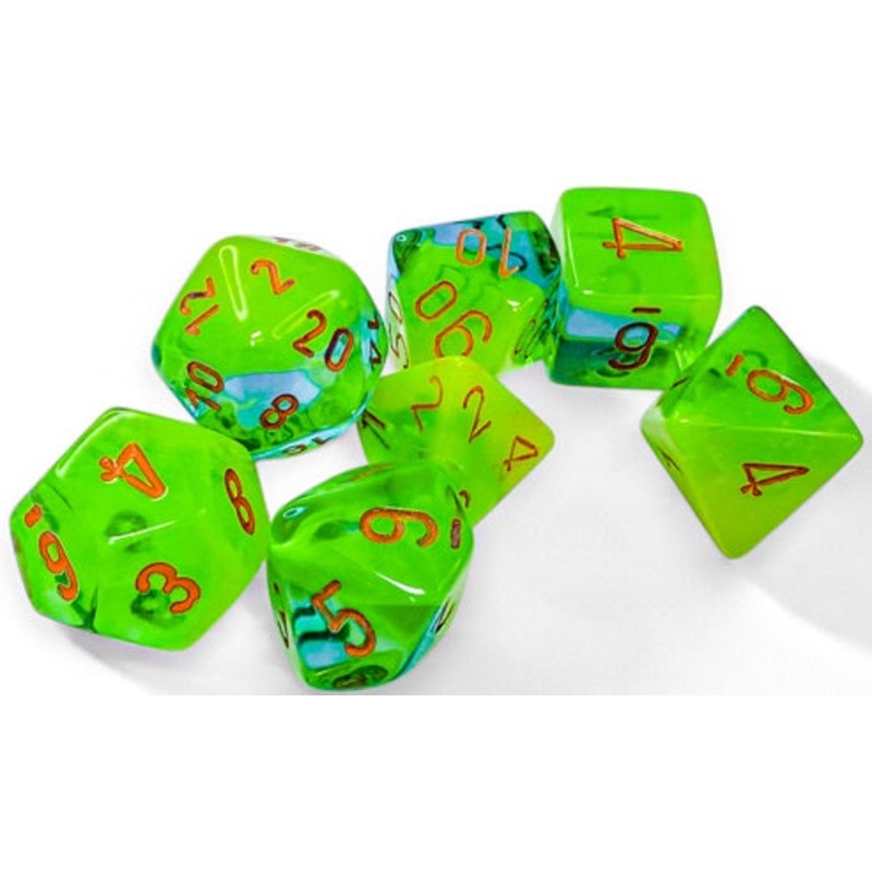 Chessex Dice - Luminary Gemini Plasma Green-Teal with Orange - Set of 7 - CHX 26470