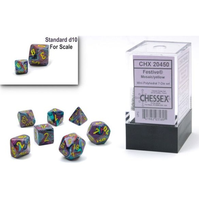 Chessex Dice - Mini Festive Mosaic with Yellow - Set of 7 - CHX 20450