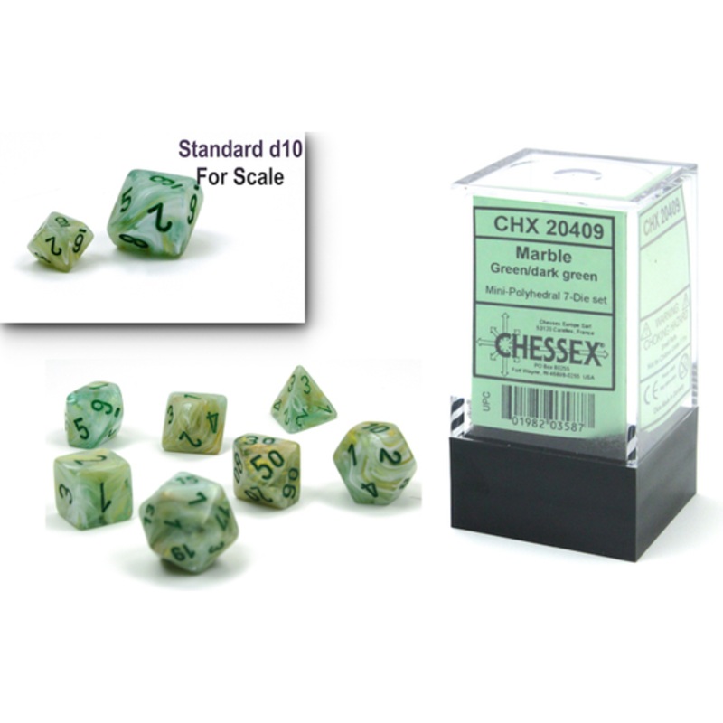 Chessex Dice - Mini Marble Green with Dark Green - Set of 7 - CHX 20409