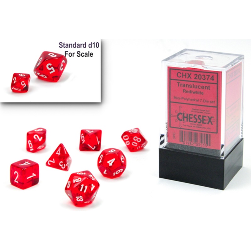 Chessex Dice - Mini Translucent Red with White - Set of 7 - CHX 20374