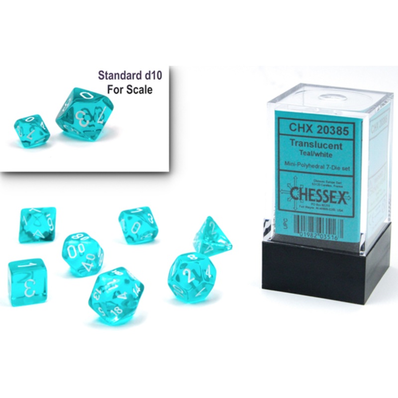 Chessex Dice - Mini Translucent Teal with White - Set of 7 - CHX 20385