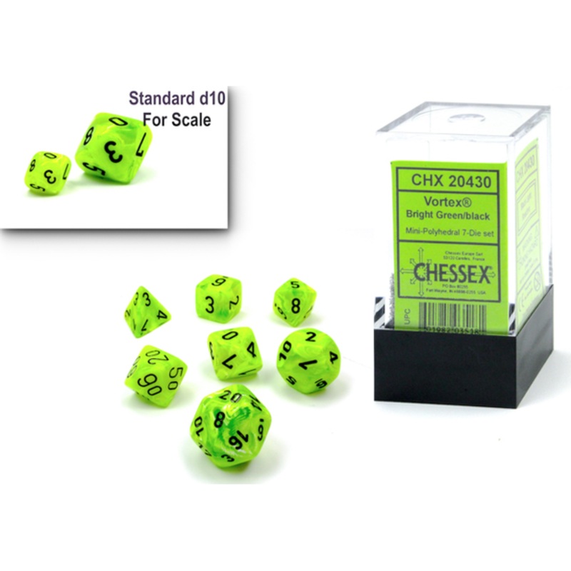 Chessex Dice - Mini Vortex Bright Green with Black - Set of 7 - CHX 20430