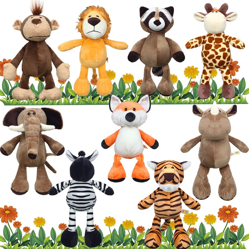 9 Pcs Plush Jungle Animals Toys Jungle Safari Stuffed Animals Bundle 9.9 Inch Cute Toys Includes Tiger Lion Elephant Monkey Zebr