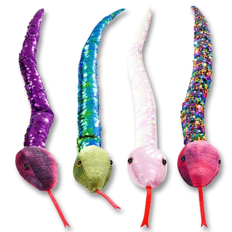 Artcreativity Flip Sequin Snake Toys For Kids, Set Of 4, Plush Snakes With Color Changing Sequins, Jungle Party Supplies, Animal