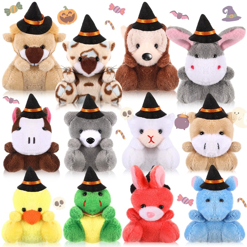 Blueweenly 12 Pcs Mini Halloween Stuffed Animal Toys - Small Animal Plush Key Chains With Black Witch Hat - Tiny Halloween Theme