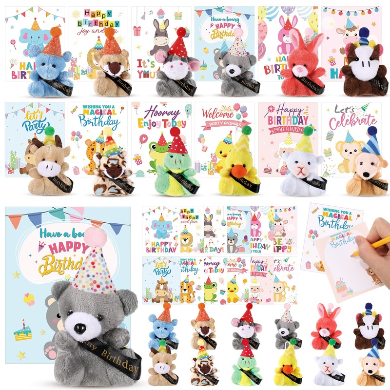 Seenelling Birthday Mini Animal Plush Toy With Hats, Birthday Party Decor Stuffed Animal Bulk For Student Classroom Reward Gifts