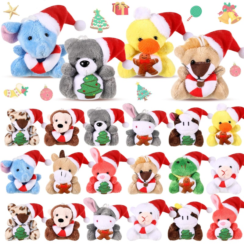 Blueweenly 24 Pcs Mini Christmas Stuffed Animal Bulk Christmas Plush Keychain Decorations Xmas Small Plush Animal Toys With Sant