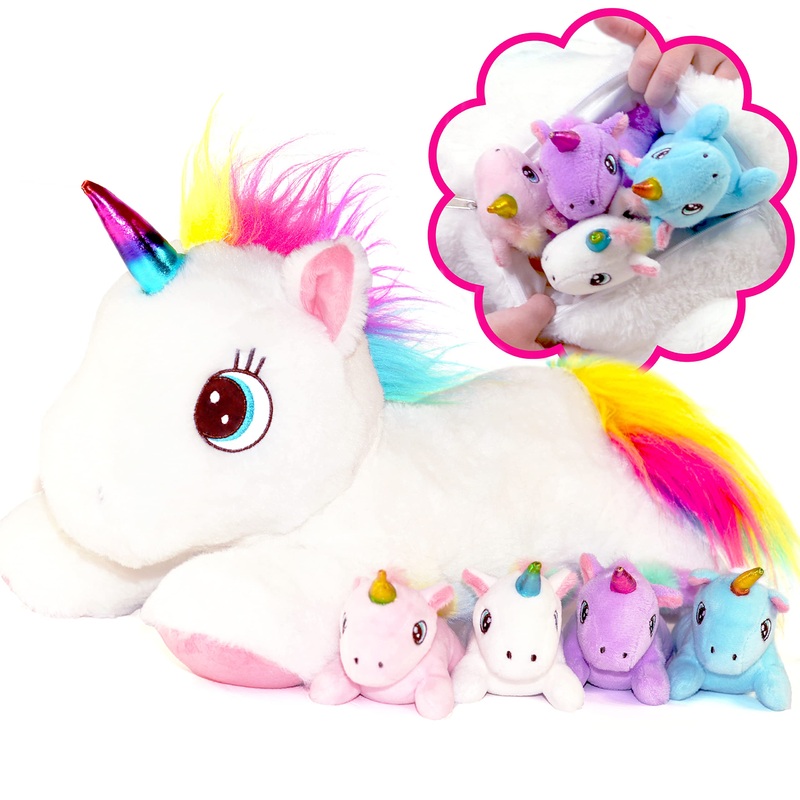 Dreamsbe Unicorn Stuffed Animal With Mommy And 4 Baby Unicorns For Girls - Plush Mom Unicorn Stuffie With Pocket For Babies In H