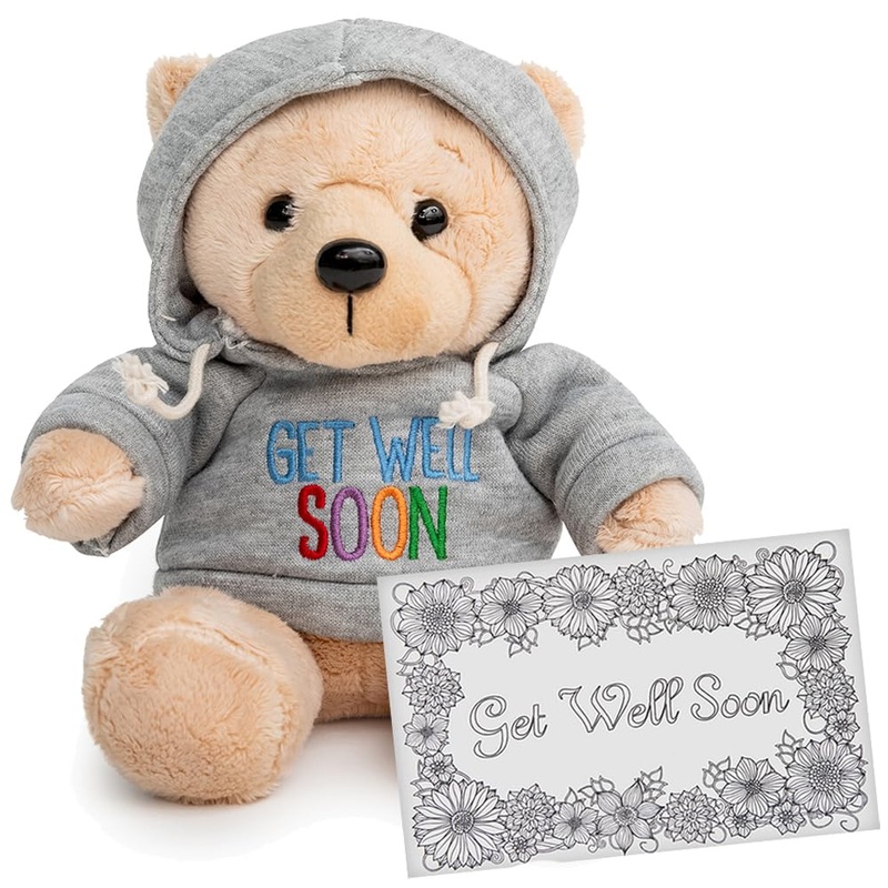 Get Well Teddy Bear With Gray Hoodie 9 Stuffed Animal Plushie Doll For Comfort And Love With Get Well Soon Card (Tan Nose)