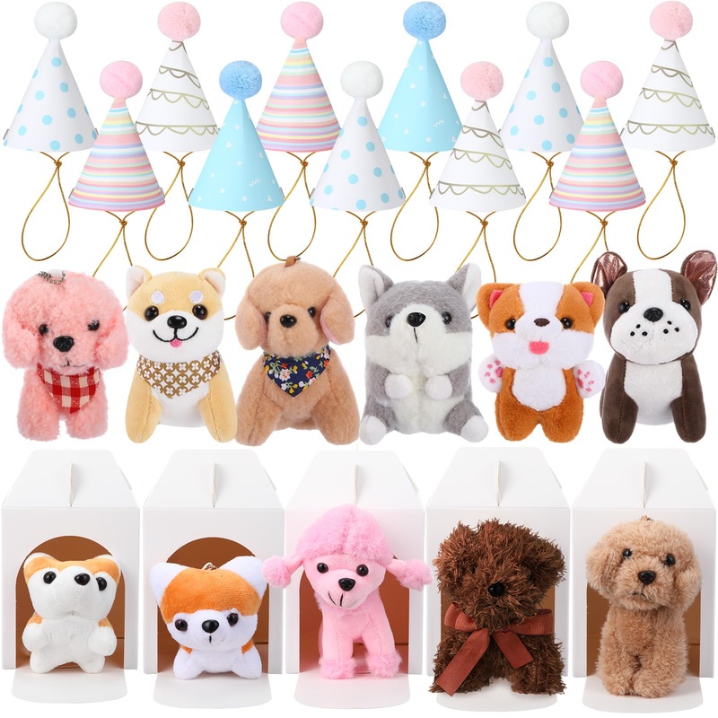 Roundfunny 33 Pcs Mini Plush Dogs Stuffed 4 Inches Small Puppy Stuffed Animal With Keychain Kraft Paper Dog Boxes And Paper Cone