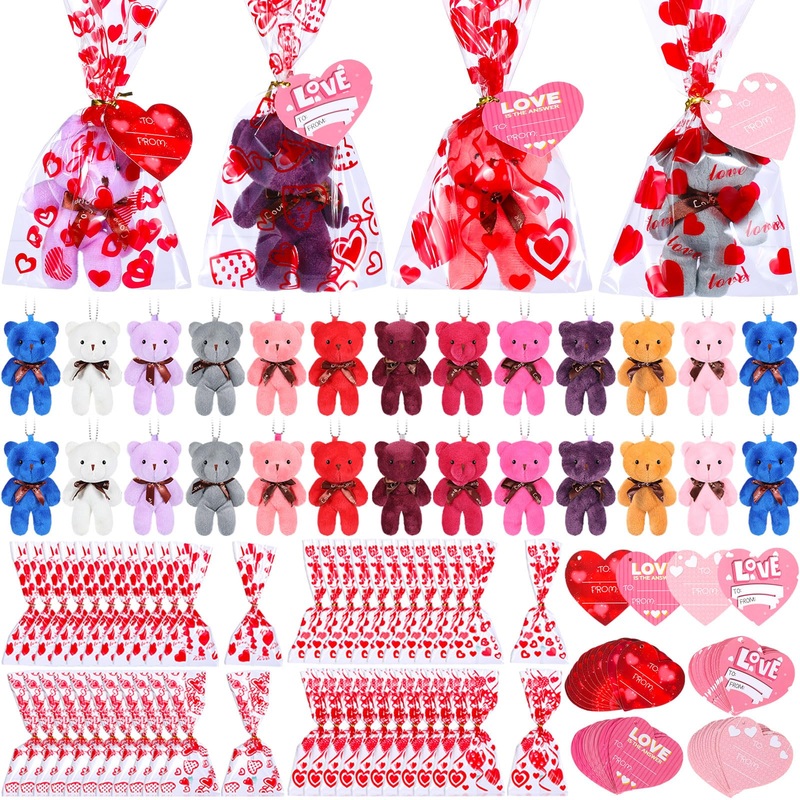 Zonon 144 Pcs Valentine'S Day Mini Stuffed Bear Bulk Bear Toy With Gift Bags Heart Cards 4.72 Inch Plush Stuffed Tiny Bears Vale