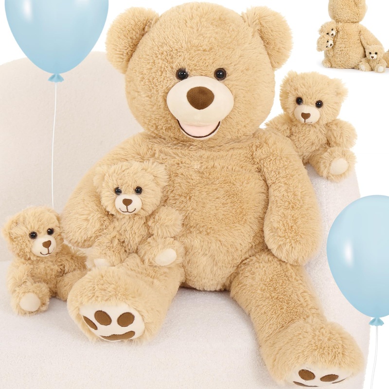 Morismos Giant Teddy Bear Stuffed Animals,28'' Mommy Stuffed Bear With 3 Baby Bears Inside Belly,4 Packs Bulk Teddy Bear For Bab