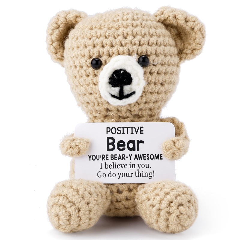 Toymis Positive Bear, Mini Crochet Bear Doll Knitted Bear Toy Emotional Support Animals Crochet Stuffed Bear For Birthday Party