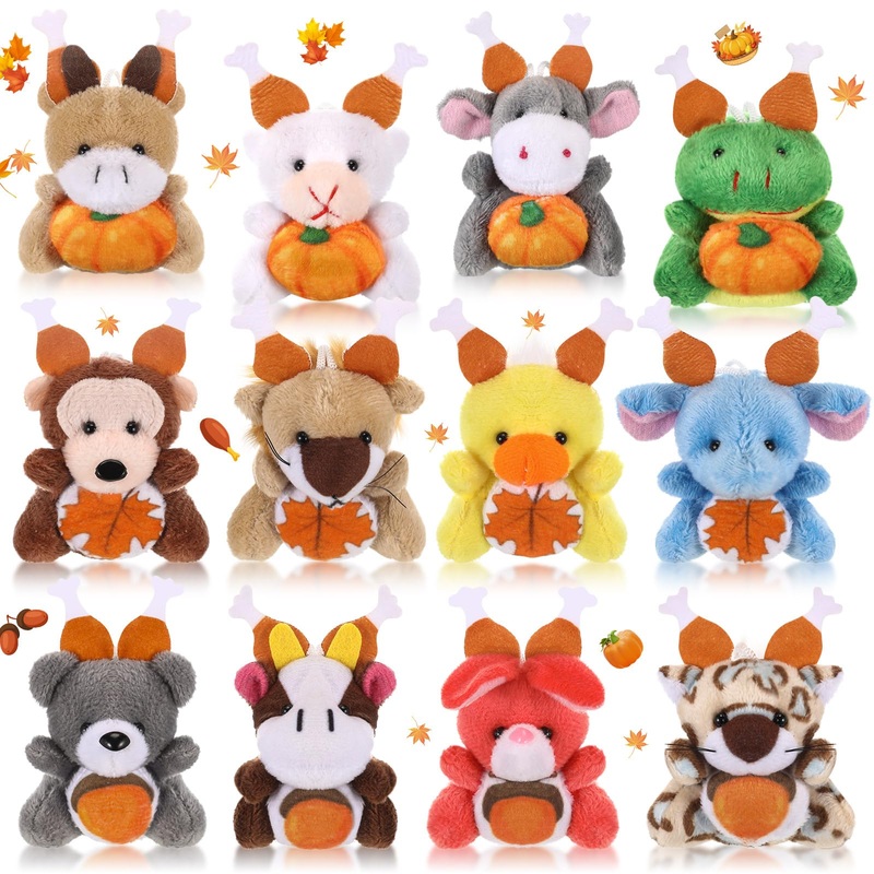 Blueweenly 12 Pcs Small Thanksgiving Stuffed Animal Fall Mini Animal Plush Toys Autumn Small Animal Plush Keychains Tiny Thanksg