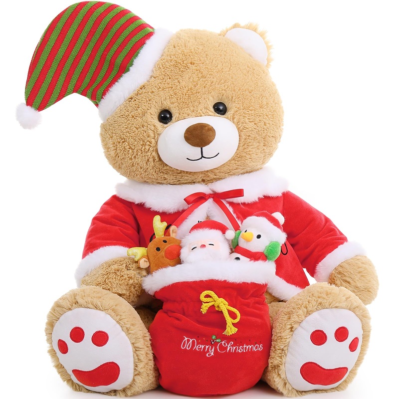 Morismos Christmas Teddy Bear Stuffed Animal, Stuffed Bear With Snowman, Reindeer, Santa Claus Plush, 24.4In Giant Christmas Bea