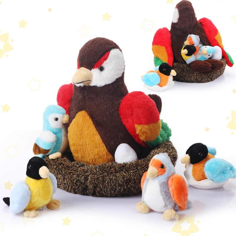 Roundfunny 7 Pcs Birds Stuffed Animal Toys Set 9.8 Inch Bird Plush With 4 Pcs Cute Baby Birds Plushies, 1 Pcs Egg And 1 Pcs Larg