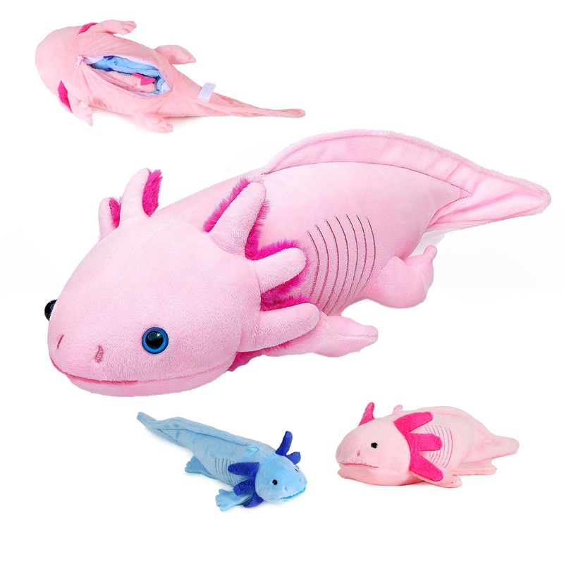Simulation Pink Axolotl Plush Toy, Cute And Soft Zippered Blue Axolotl Set Stuffed Animal Plush Toys For Kids Boys And Girls Gif