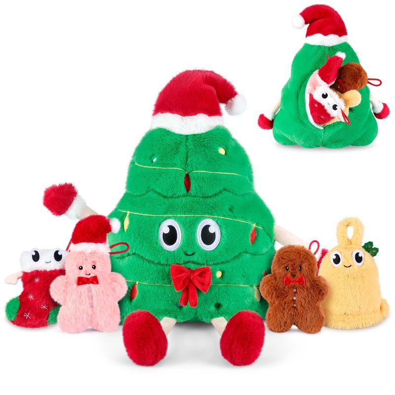 5-In-1 Christmas Tree Stuffed Animal With Babies Inside, 5Pc Set Christmas Pillows Plush With Mommy & 4 Babies, Christmas Stuffe