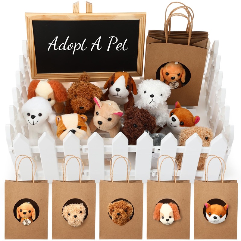 Arrowbash 36 Pcs Mini Plush Stuffed Animals Set With 10 White Plastic Fence 12 Kraft Paper Gift Bags Wooden Mini Chalkboard Sign