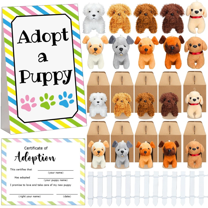 Blueweenly 20 Set Adopt A Puppy Favors 20 Small Stuffed Puppy Plush Dogs Bulk With 20 Kraft Paper Boxes 20 Adoption Cards 1 Whit