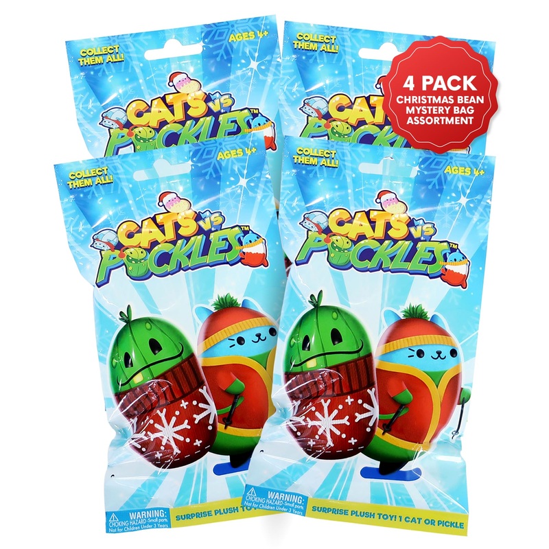 Cats Vs Pickles 4 Pack Christmas Bean Mystery Bags - 4 Inch Bean Filled Plushies - Stocking Stuffers - Blind Bags For Girls And