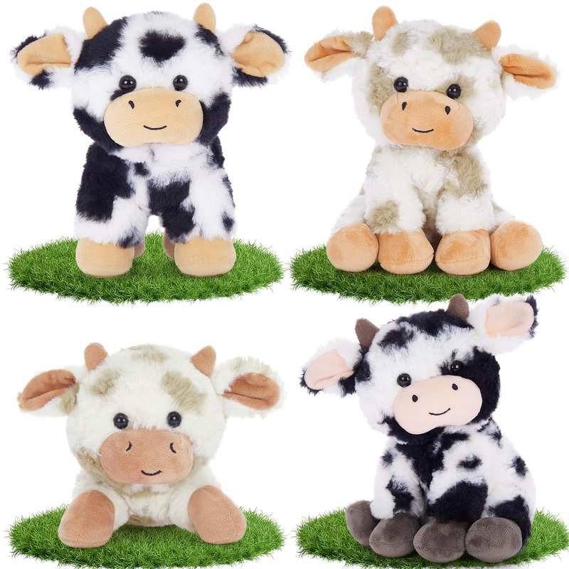 Tezituor 4 Pcs Cow Stuffed Animal Bulk 10'' Cow Plush Toys Soft Cow Plushies Farm Animal Party Decor Christmas Birthday Gifts Fo