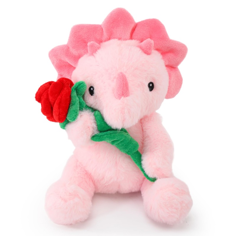 Valentine'S Day Gifts For Kids, Pink Dinosaur Stuffed Animal With Rose, Soft Triceratops Stuffed Toy For Girls, Fine Gifts For H