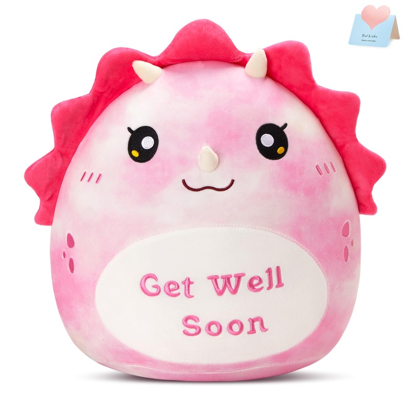 Wewill 12'' Get Well Soon Dinosaur Soft Plush Pillow, Pink Triceratops Stuffed Toy