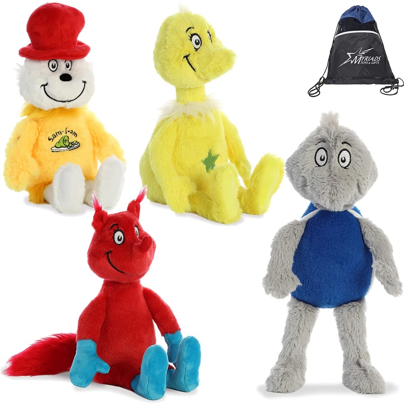 Aurora Dr. Seuss Plush Set Of 4: 12' Sam I Am, 12' Yertle The Turtle, 12' Sneetch, 12' Fox In Socks With Myriads Drawstring Bag