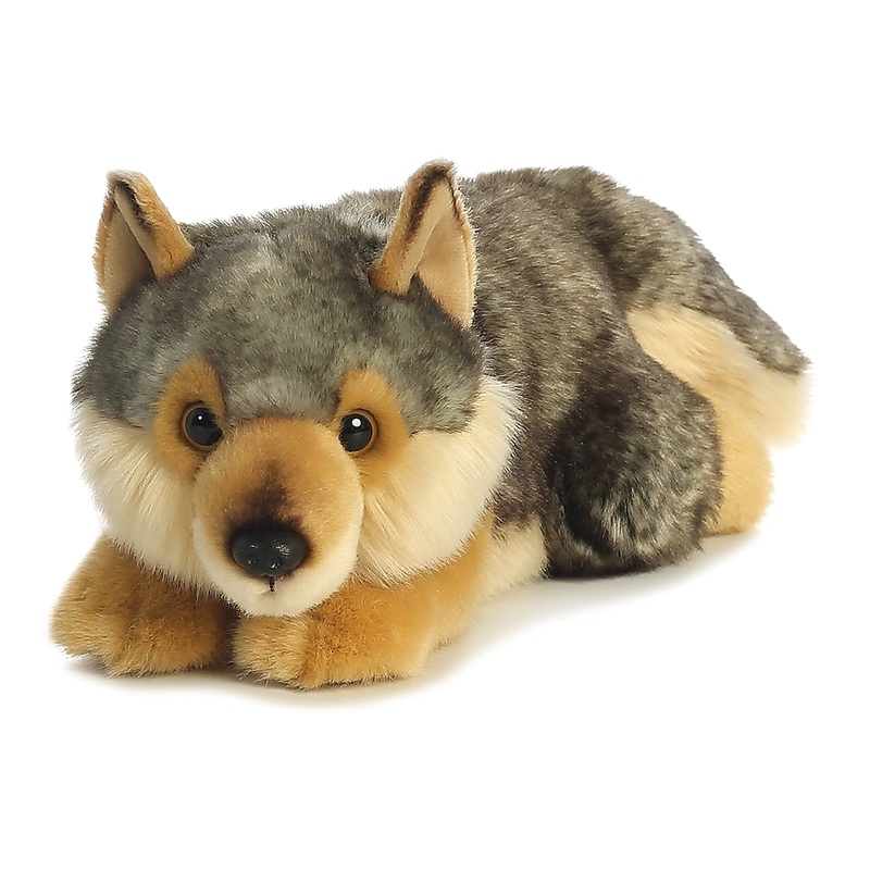 Aurora Realistic Miyoni Lying Wolf Stuffed Animal - Lifelike Detail - Cherished Companionship - Gray 11 Inches