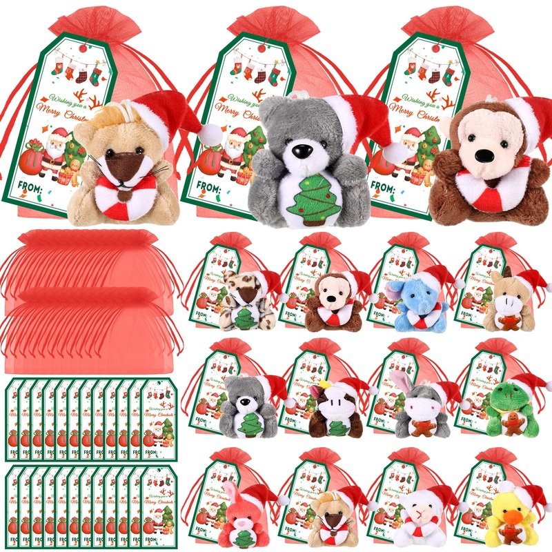 Wiwiqing 24 Set Christmas Mini Stuffed Animals Toy With Xmas Cards And Organza Bags Tiny Christmas Keychain Animal Plush Toys Fo