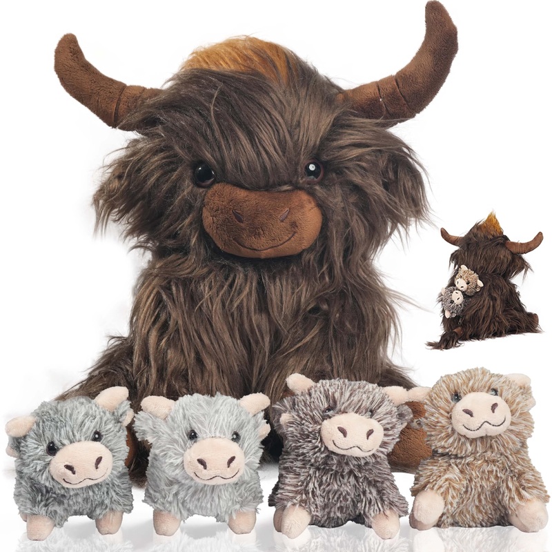 Youthfuljive 5 Pcs Highland Cow Stuffed Animals With Babies Set, 14'' Mommy Scottish Highland Cow Plush Toy With 4 Cute Babies S