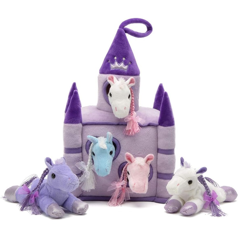 Unipak 12' Plush Castle - 5 Stuffed Animals In Castle Carrying Case (Purple Lavender Horses)