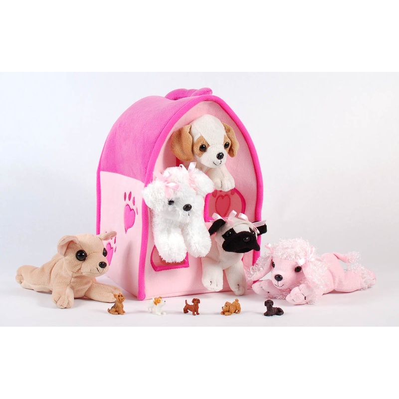 Unipak Sfs Gift Bundle - 12' Plush Pink Dog House Carrying Case With Five (5) Stuffed Animal Dogs (Pink Poodle, Pug, Chihuahua, Beagle, And White Terrier) + Five Mini Puppy Figures