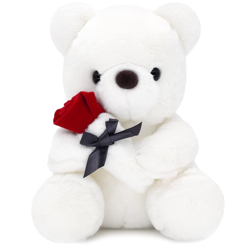 Hwd 9.8'' Teddy Bear With Rose, Soft Plush Doll Stuffed Animals Toys, Gifts For Her/Girlfriend Lover Mom Kids Toddlers (White)