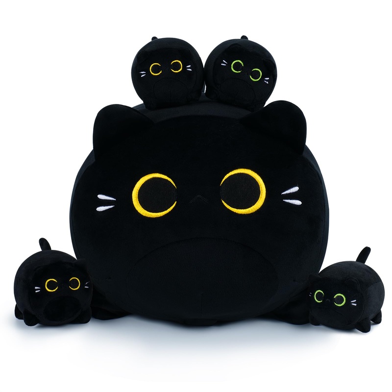 5 Pcs Black Cat Plush Toys- Black Cat Plush Stuffed Animal Family, Cute Black Cat Mommy Cat With 4 Baby Kittens Cat Plushies For Kids, Kawaii Cat Plush Toy Birthday Gifts For Kids Boys Girls