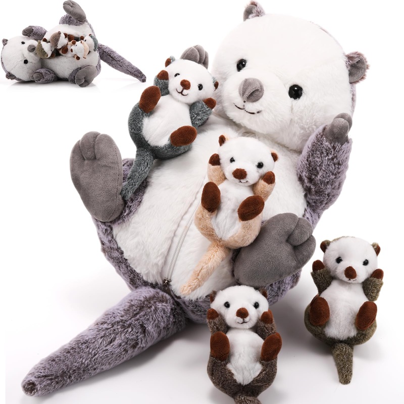 Shappy 5 Pcs Sea Otter Stuffed Animals Large Mommy Sea Otter Stuffy Plush With 4 Cute Babies In Her Zippered Belly Soft Cuddly Plushies For Boys Girls Birthday Gifts Ocean Party Decors(Brown)