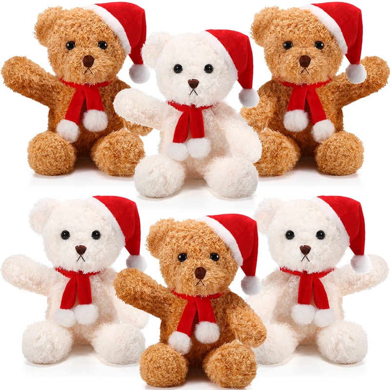 Shappy 6 Pack Christmas Bear Stuffed Animals Bulk Soft Bear Plush Toys 12 Inches Cute Bears Bulk With Santa Hat And Scarf For Kids Girls Boys Birthday Party(Beige, Brown)