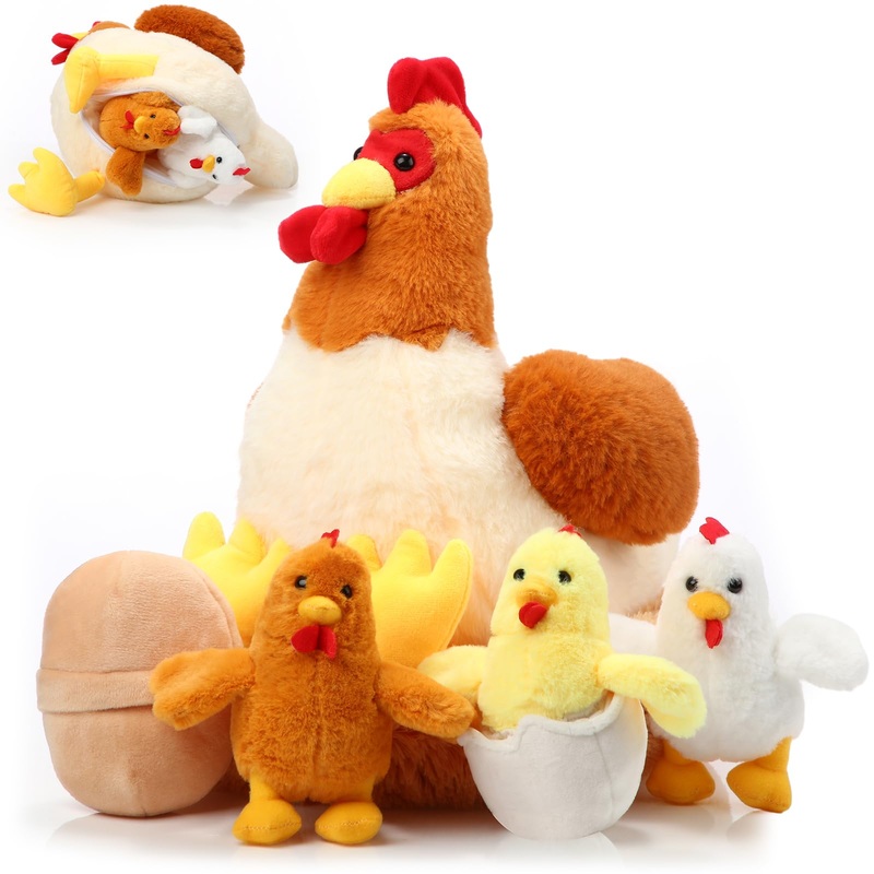 Skylety Chicken Stuffed Animal Plush Chicken Toys Egg Laying Hen With Zippered Belly, Hen House And Little Baby Chicks Stuffed Chicken For Easter Stuffers Party Supplies(Cute Style)