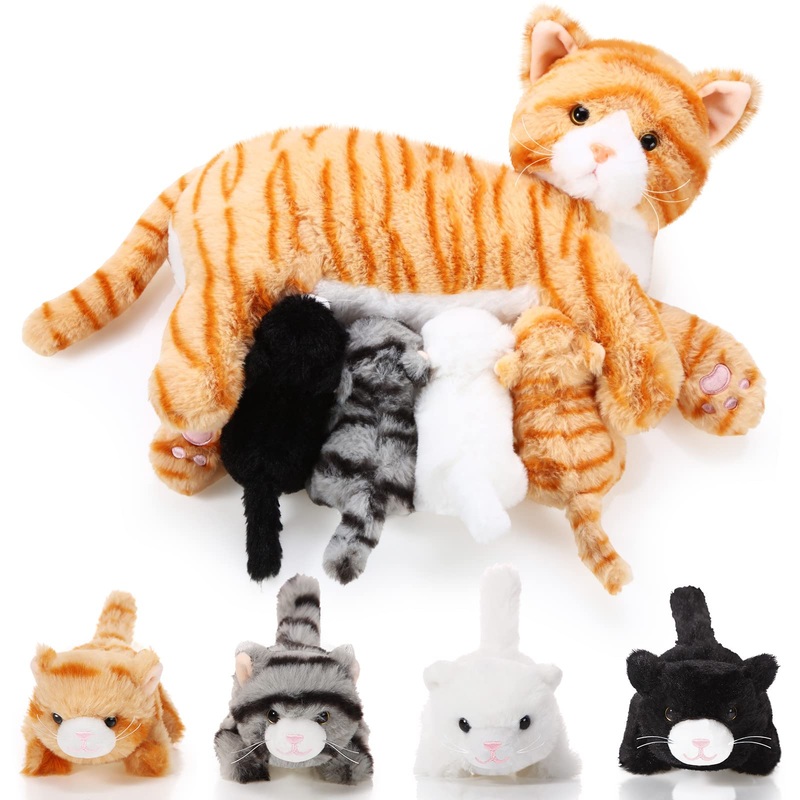 Skylety Nurturing Cat Stuffed Animal With 4 Plush Kittens, Cat Baby Stuffed For Girls And Boys Plushy Mommy Kitty With Baby Kittens For Birthday Party Favors Gifts(Cute Style)