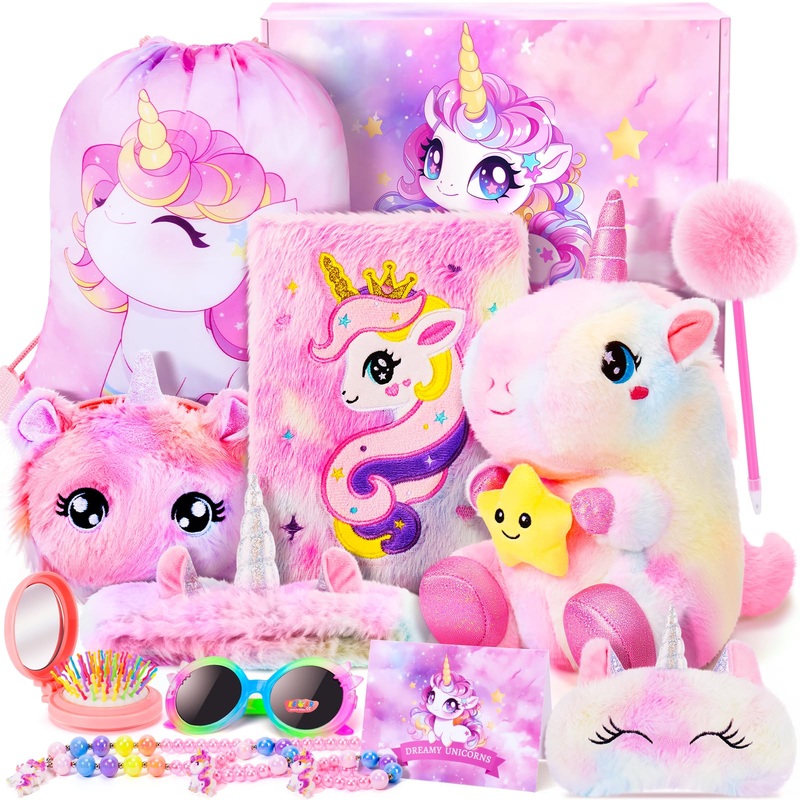 Unicorns Gifts For Girls Kids Toys 3 4 5 6 7 8 9 10 Years Old With 12Pcs Unicorn Plush /Locked Diary/Glowing Blanket/Eye Mask/Crossbody Bag/Mirror 12Pcs Teen Girl Birthday Christmas Unicorn Toy