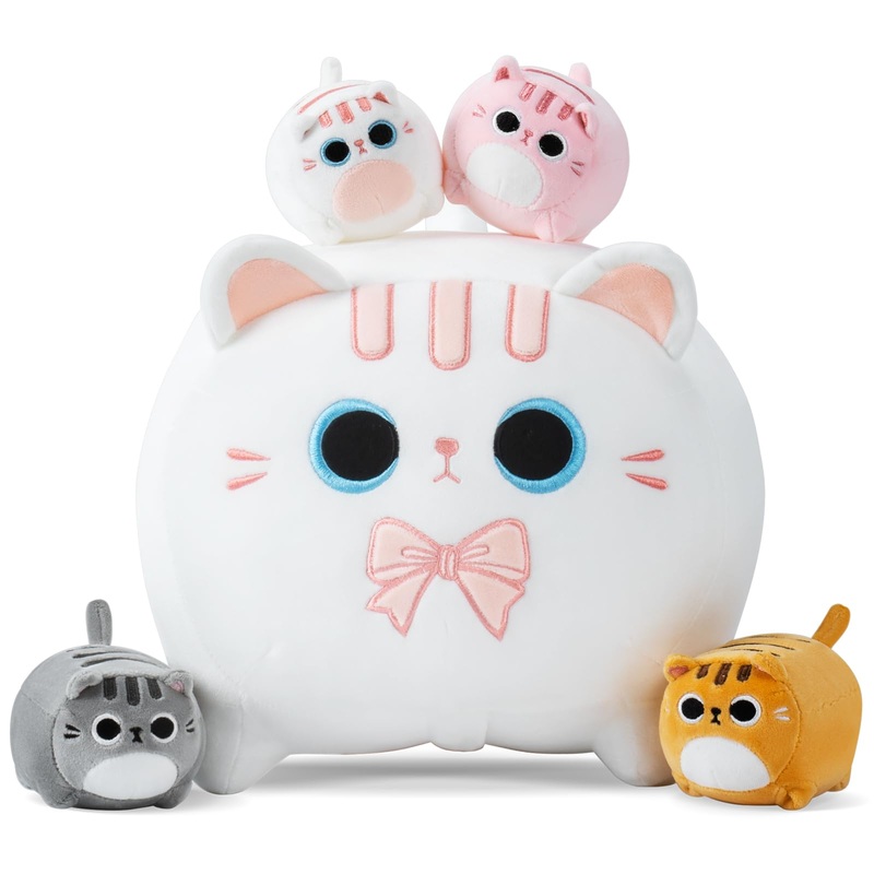 White Cat Plush, 5 Pcs Cat Plush Stuffed Animal Family, 16' White Cat Mommy White Cat With 4 Baby Kittens Cat Plushies For Kids, Kawaii Cat Plush Toy Christmas Birthday Gifts For Kids Boys Girls