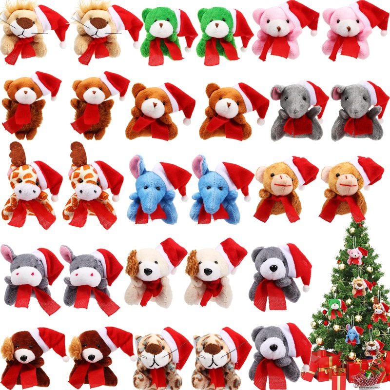 28 Pieces 3 Inches Christmas Stuffed Animal Toys Small Animal Plush Key Chain Plush Animal Toy Set For Christmas Tree Decorations, Stocking Stuffing, Party Gifts (Mixed Style)